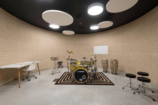 Music Room Setting with Heradesign and AMF Topiq Sonic Element Solutions from Knauf Ceiling Solutions Installed